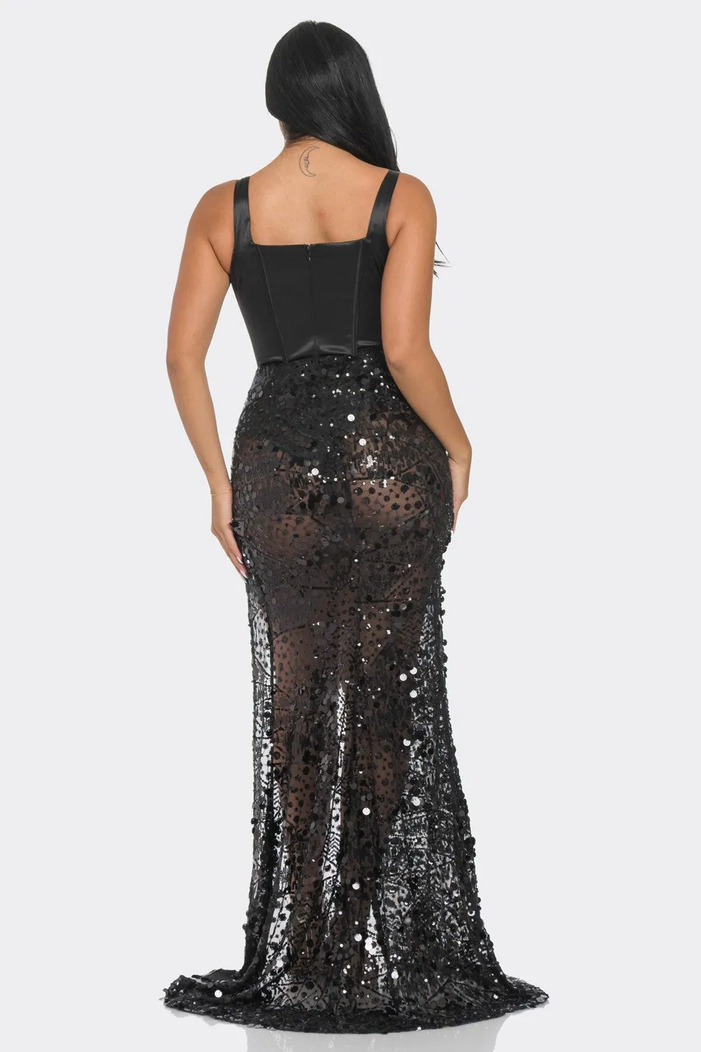 SATIN BUSTIER SEQUIN MAXI DRESS