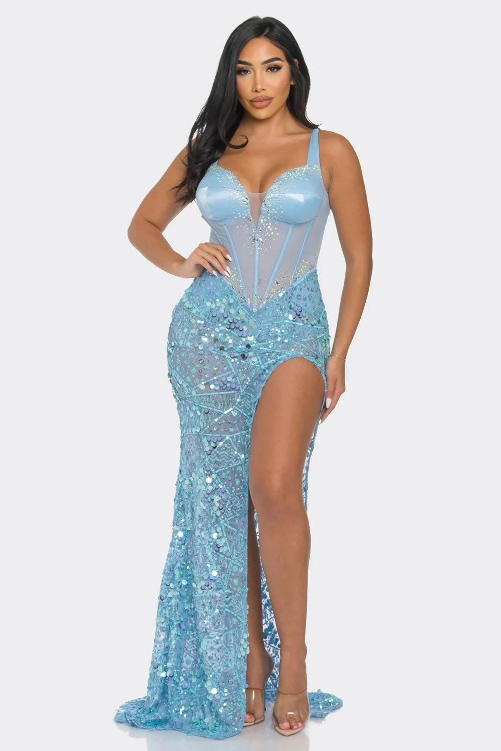 SATIN BUSTIER SEQUIN MAXI DRESS