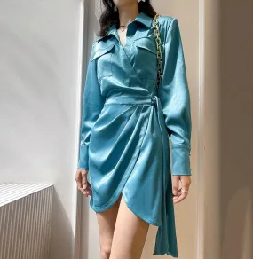 Satin Cocktail Belt Shirt Mini Dress