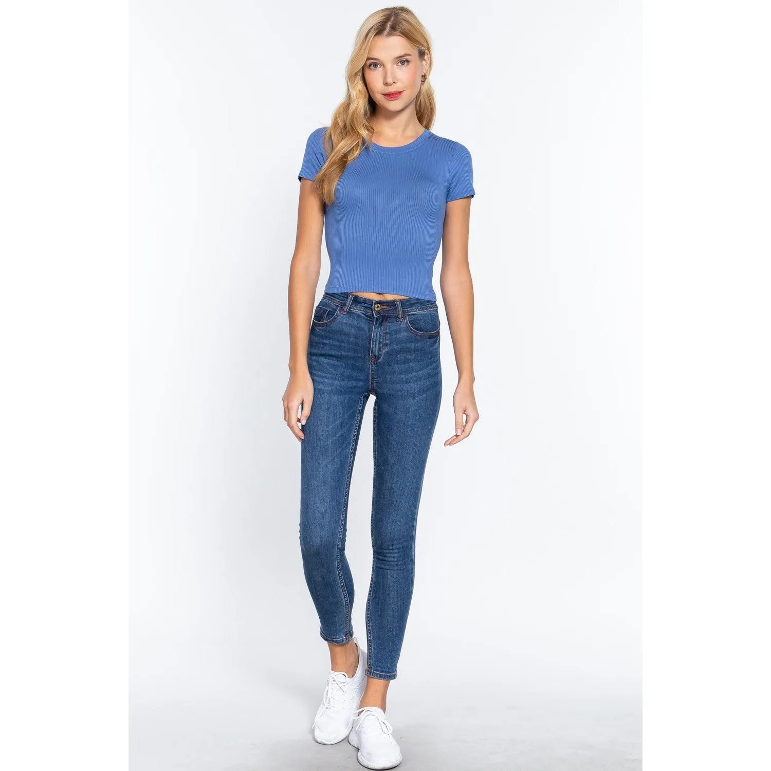 Short Slv Crew Neck Rib Crop Top