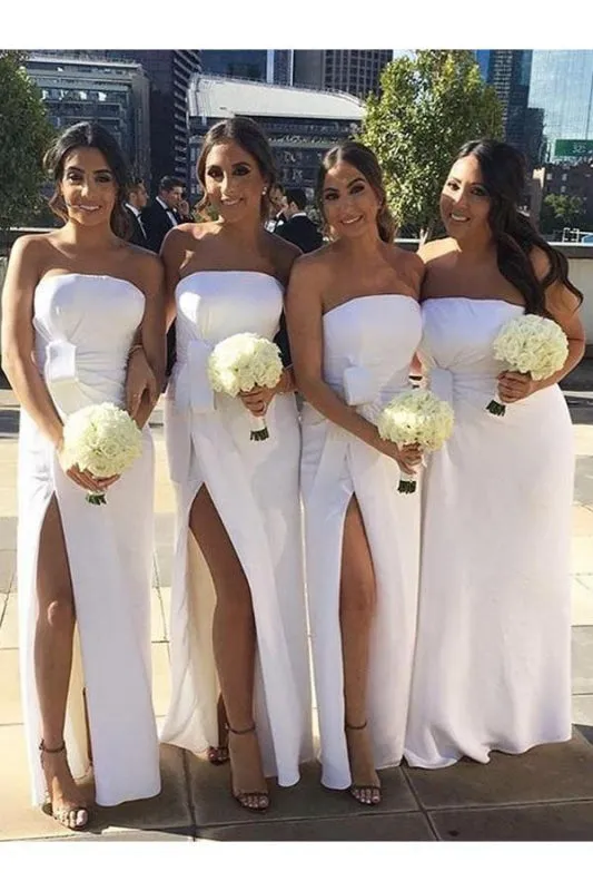 Simple White Side Slit Strapless Long Bridesmaid Dress