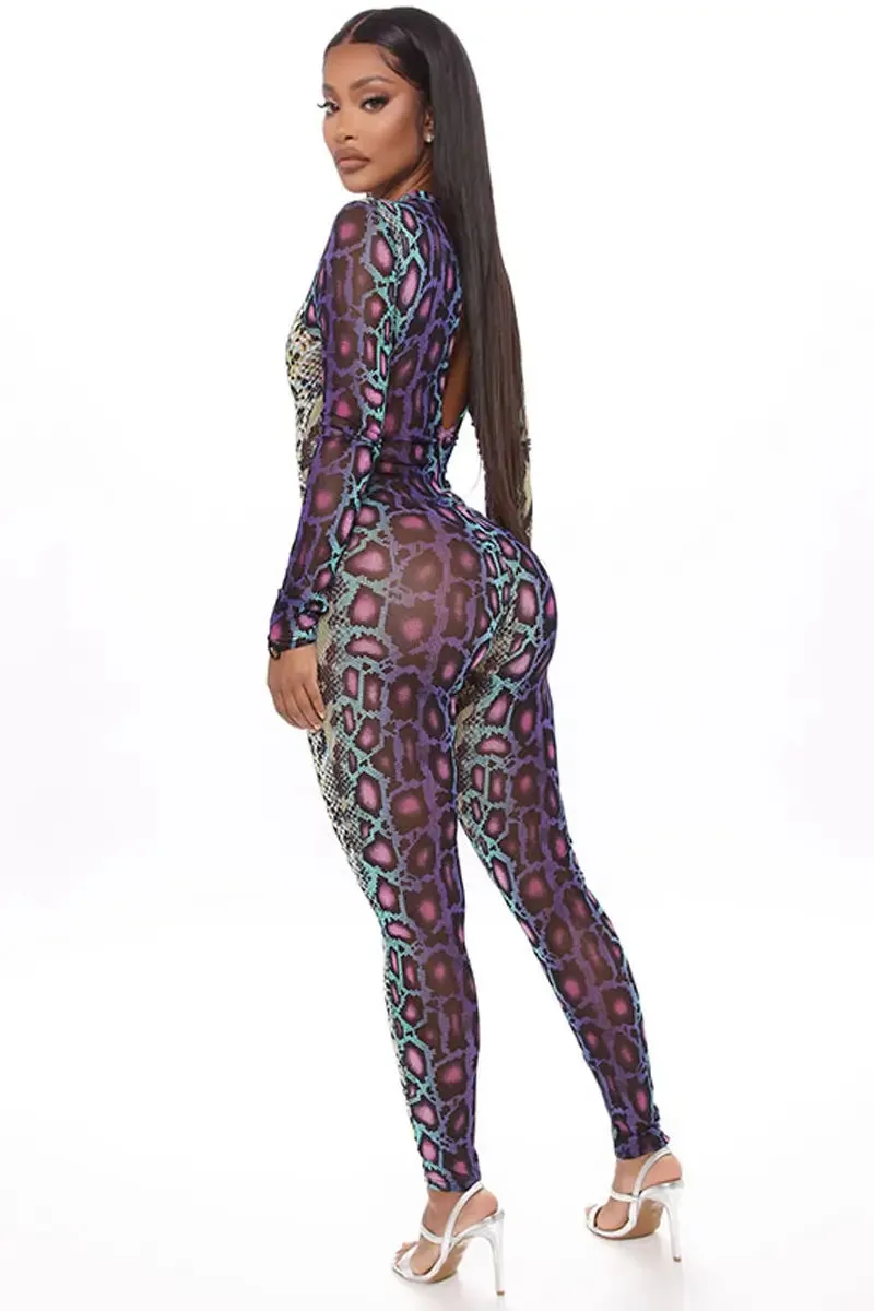 Snake Skin Backless Jumpsuit Long Sleeve