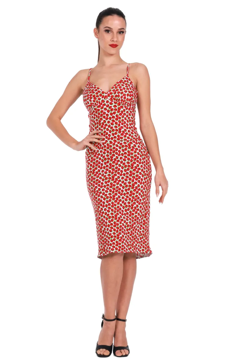 Strawberry Printed Fishtail Dress With Spaghetti Straps