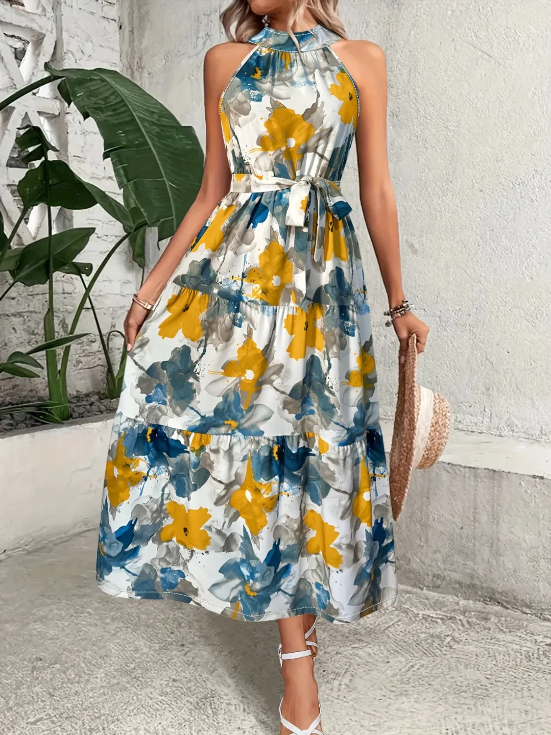 Sunset Vacation Tiered Printed Mock Neck Sleeveless Dress