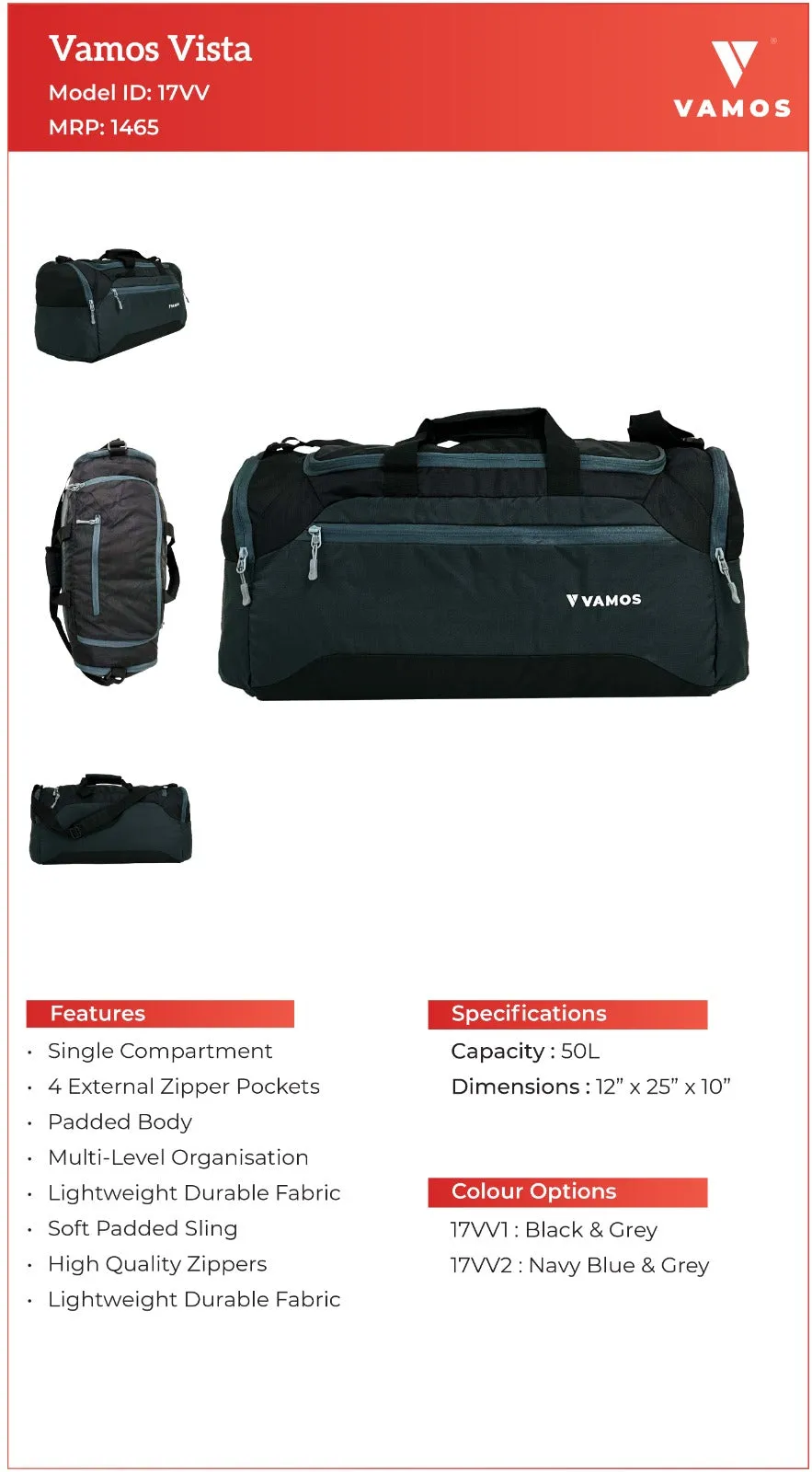 VAMOS Vista Travel Bag 17VV - Capacity : 50L