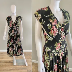 Vintage 1990s Black Floral Rayon Sundress / 90s does 1940s dress / Size S M