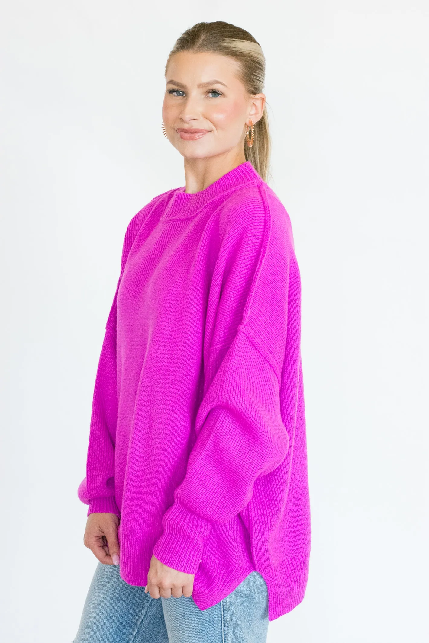 Waiting on Forever Magenta Mock Neck Sweater