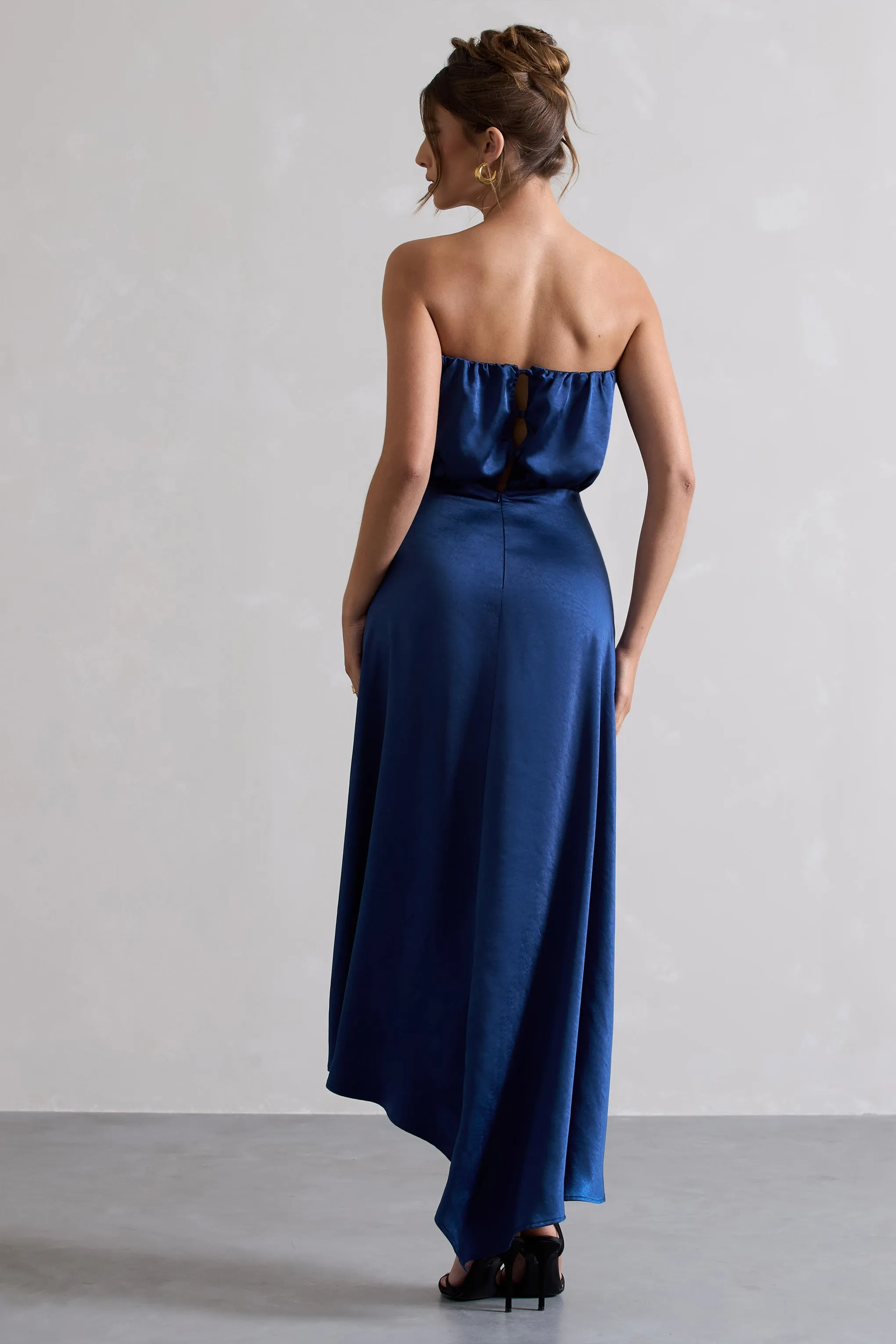 Willa | Navy Satin Bandeau Maxi Dress With Asymmetric Hem