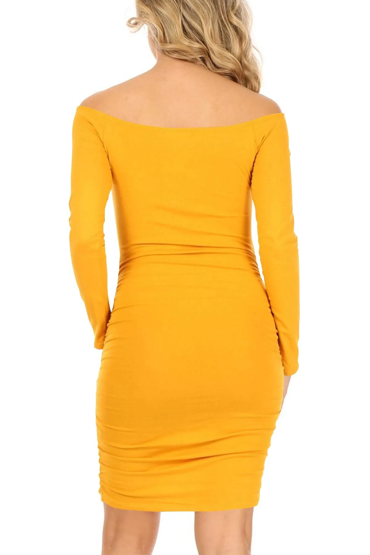 Women's Long Sleeve Side Shirring Off Shoulder Slim Fit Bodycon Solid Midi Dress