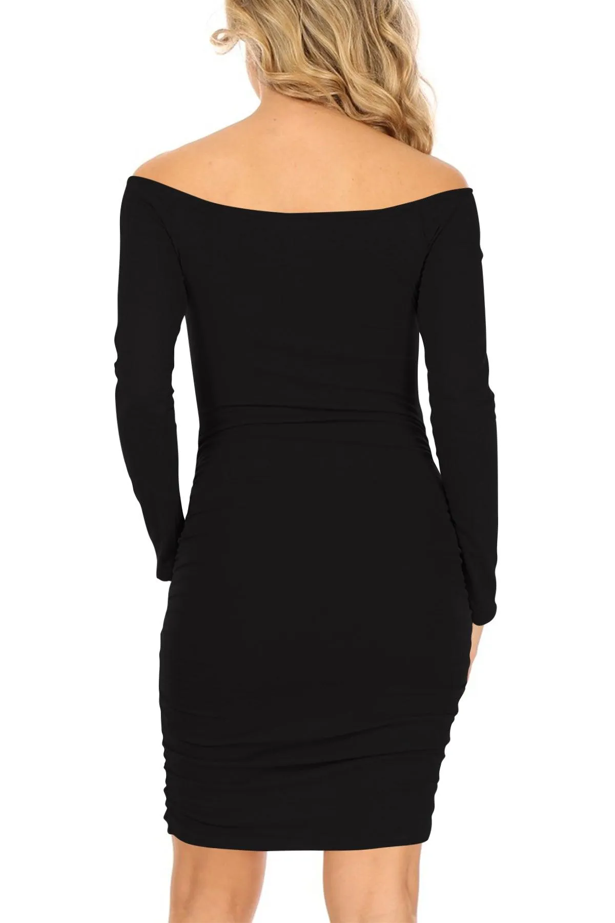 Women's Long Sleeve Side Shirring Off Shoulder Slim Fit Bodycon Solid Midi Dress