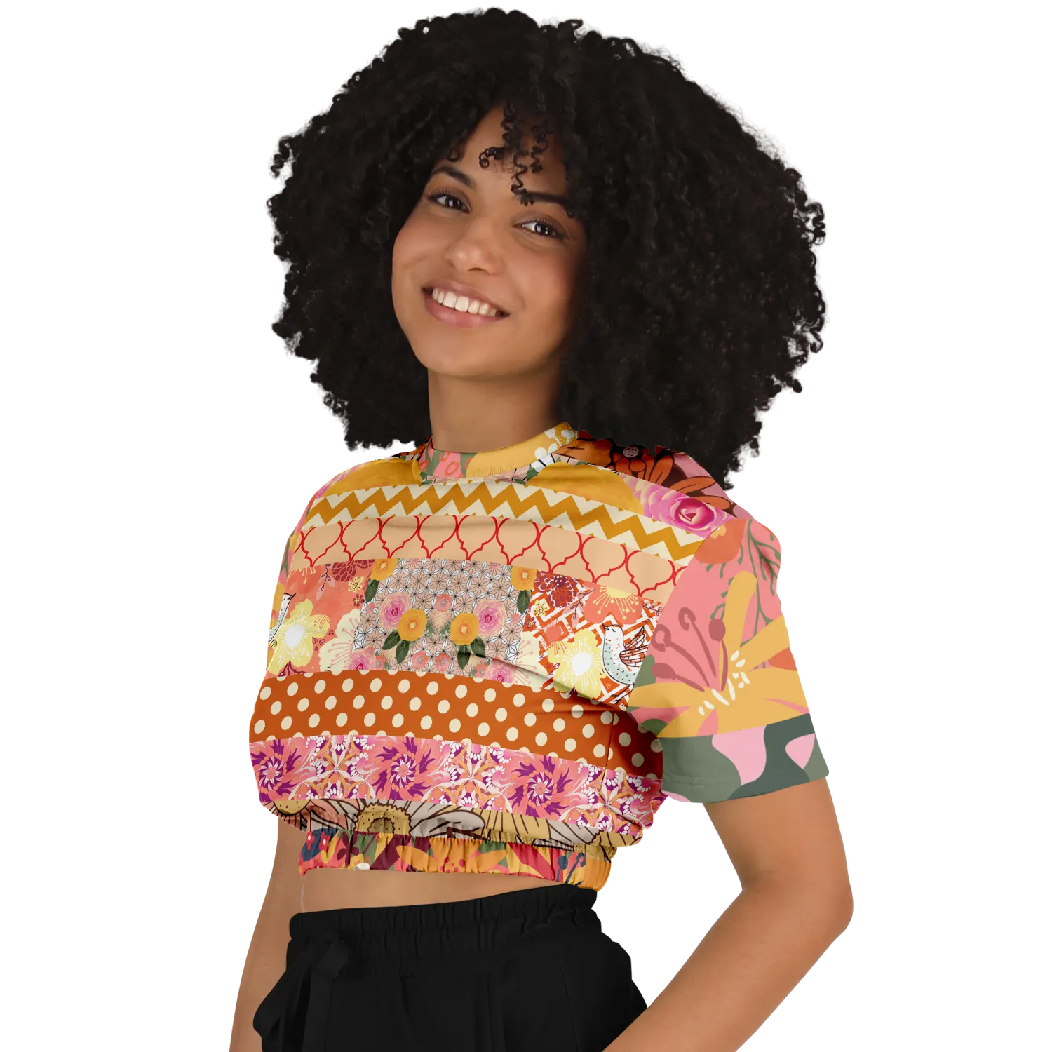 Yogananda Striped Floral Patchwork Short Sleeve Cropped Eco-Poly Sweater