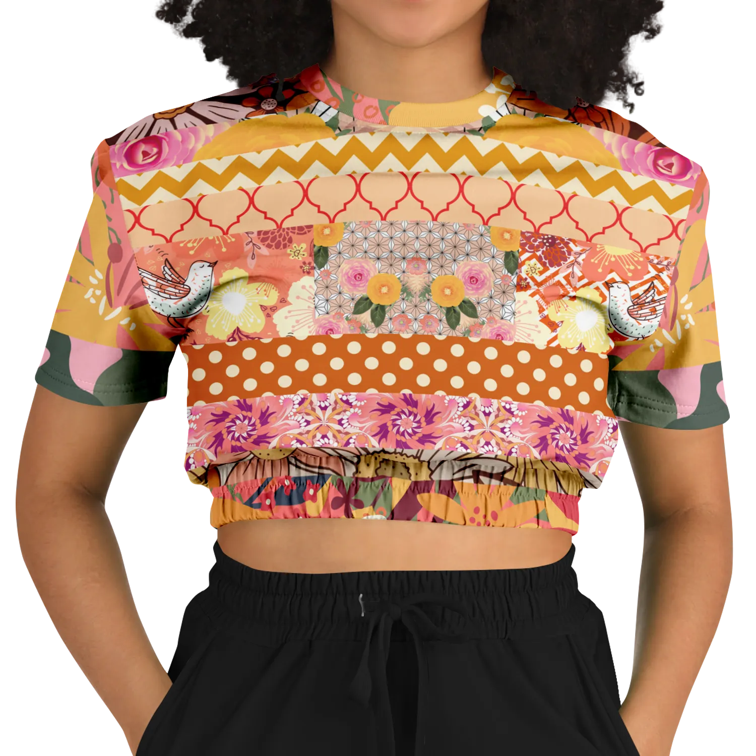 Yogananda Striped Floral Patchwork Short Sleeve Cropped Eco-Poly Sweater